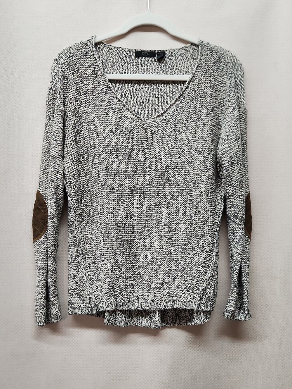 RDI Black & White Marled V-Neck Sweater with Brown Elbow Patches